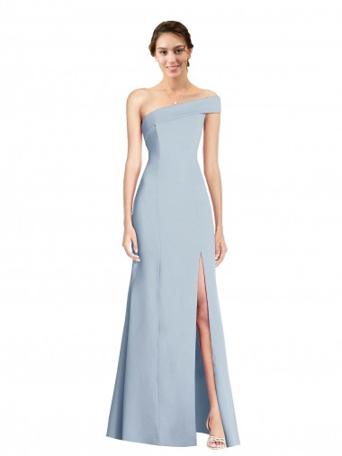 Wholesale Asymmetrical Off the Shoulder Cuff Trumpet Formal Crepe Bridesmaid Dress / Prom Dress With Front Slit
