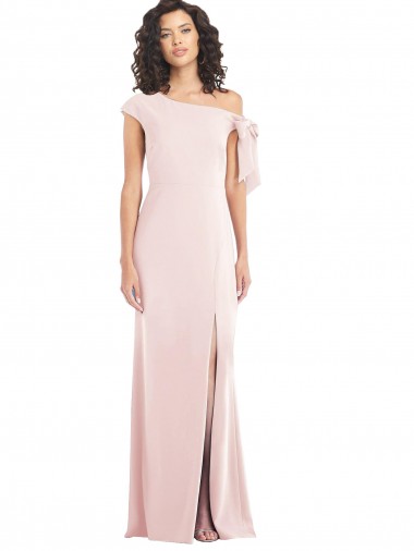 Wholesale Off the Shoulder Tie Detail Trumpet Formal Crepe Bridesmaid Dress / Prom Dress with Front Slit