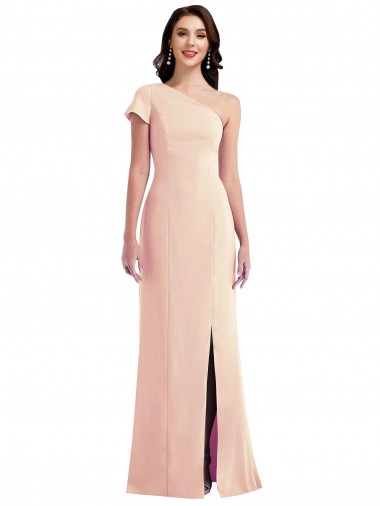 Wholesale One Shoulder Cap Sleeves Trumpet Formal Crepe Bridesmaid Dress / Prom Dress with Front Slit