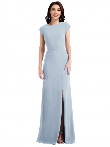 Wholesale Cap Sleeve Open Back Trumpet Formal Crepe Bridesmaid Dress / Prom Dress with Front Slit