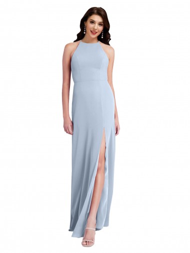 Wholesale Fit and Flare High Neck Formal Crepe Bridesmaid Dress / Prom Dress with Side Slit