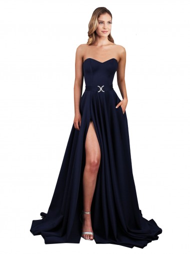Wholesale Sweetheart Neckline Low Back Long Formal Crepe Bridesmaid Dress / Prom Dress with Pockets & High Leg Spit