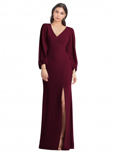 Wholesale Long Puff Sleeve V-Neck Trumpet Bridesmaid Maxi Dress