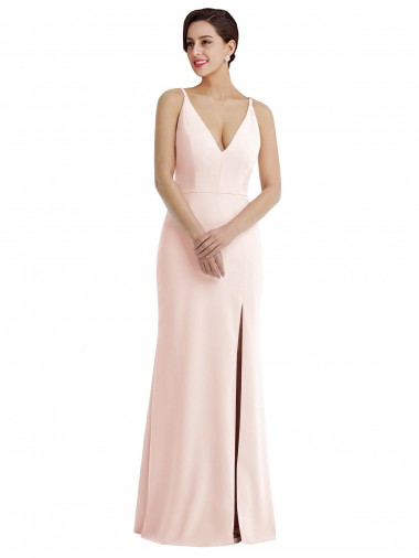 Wholesale Skinny Strap Deep V-Neck Trumpet Formal Crepe Bridesmaid Dress / Prom Dress with Front Slit