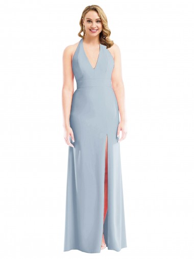 Wholesale Plunge Neck Halter Backless Trumpet Bridesmaid Dress / Prom Dress with Front Slit