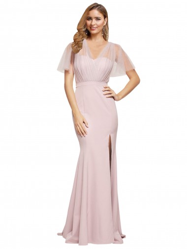 Wholesale Crepe Long Sweetheart Neckline Formal Bridesmaid Dress / Prom Dress with Tulle Overlay Shoulders