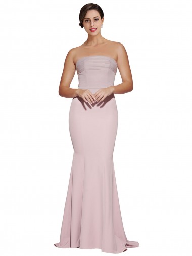 Wholesale Straight Neck Long Strapless Formal Crepe Bridesmaid Dress / Prom Dress with Soft Tulle Overlay and Small Train