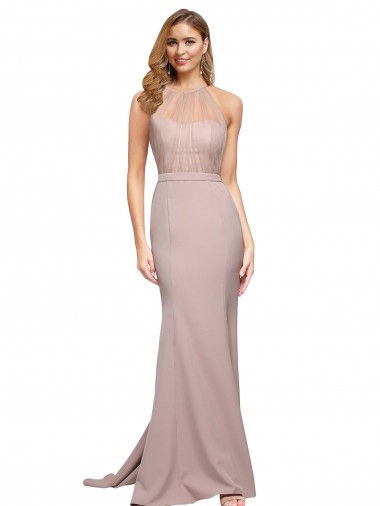 Wholesale Long Sweetheart Formal Crepe Bridesmaid Dress / Prom Dress with High Neck Illusion Tulle Details