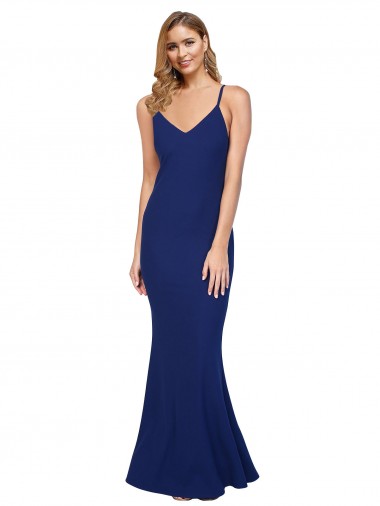 Wholesale Full Length V-Neckline Formal Crepe Bridesmaid Dress / Prom Dress with Thin Straps and Fulted Skirt