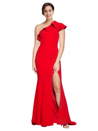 Wholesale One Shoulder Long Sweep Train Crepe Bridesmaid Dress / Prom Dress with Thigh High Split