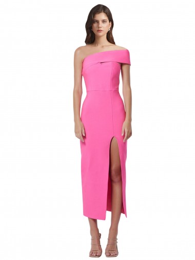 Wholesale One Shoulder Neckline Short Midi Length Formal Crepe Bridesmaid Dress / Cocktail Prom Dress