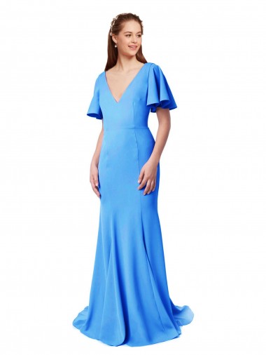 Wholesale Short Sleeves Long V-Neck Crepe Bridesmaid Dress / Prom Dress with V-Back