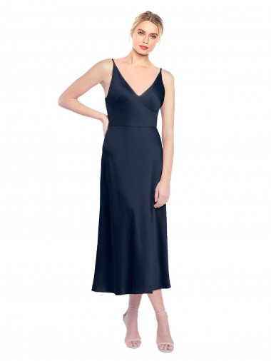 Wholesale V-Neck Midi Length Short Cocktail Formal Stretch Satin Bridesmaid Dress / Prom Dress V-Back
