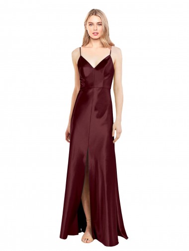 Wholesale Sleek Spaghetti Straps V-Neck Formal Stretch Satin Bridesmaid Dress / Prom Dress with Center Front Slit