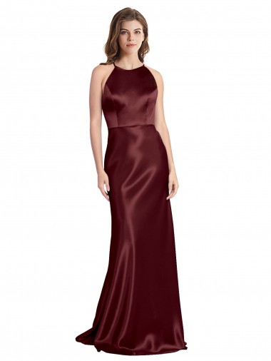 Wholesale High Neck Halter Long Sleeveless Formal Stretch Satin Bridesmaid Dress / Prom Dress with Strappy Back