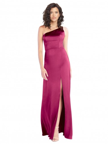 Wholesale Sleek One Shoulder A-Line Long Formal Stretch Satin Bridesmaid Dress / Prom Dress with Spaghetti Straps Back