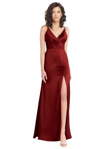 Wholesale Faux Surplice Neckline Long Slim A-Line Formal Stretch Satin Bridesmaid Dress / Prom Dress