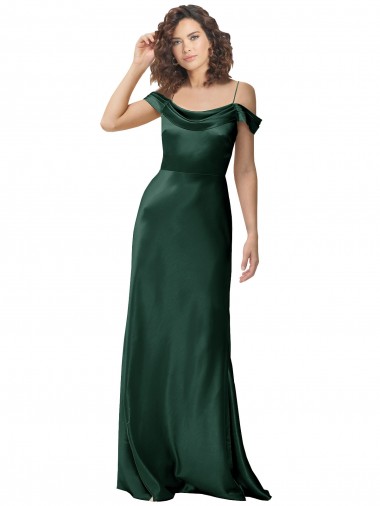 Wholesale Off the Shoulder Sleeves Long Formal Stretch Satin Bridesmaid Dress / Prom Dress with Pleated Draped Neckline
