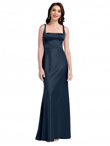 Wholesale Square Neck A-Line Long Formal Stretch Satin Bridesmaid Dress / Prom Dress with Wide Straps