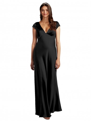 Wholesale Plunging V-Neck Cap Cleeves Long Formal Stretch Satin Bridesmaid Dress / Prom Dress with Keyhole Back