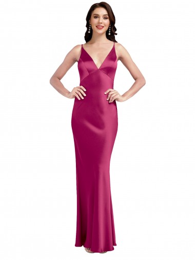 Wholesale V-Neck Spaghetti Straps Slim Formal Stretch Satin Bridesmaid Dress / Prom Dress with Low Scoop Back