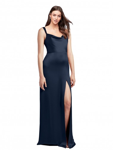 Wholesale Cowl Neck Soft Long Formal Stretch Satin Bridesmaid Dress / Prom Dress with Side Slit and Pleated Straps