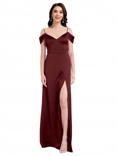 Wholesale Draped Off the Shoulder Sleeves Slim A-Line Formal Stretch Satin Bridesmaid Dress / Prom Dress with Side Slit