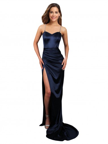 Wholesale Pleated Sash Skirt Long Formal Stretch Satin Bridesmaid Dress / Prom Dress with High Slit