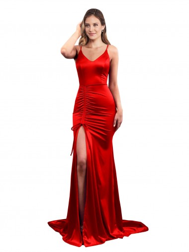 Wholesale Long Pleated Formal Stretch Satin Bridesmaid Dress / Prom Dress with High Slit