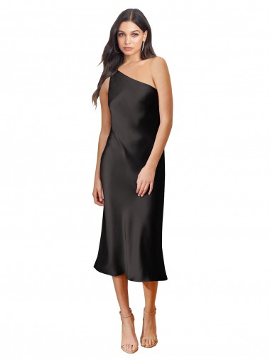 Wholesale Sleek One Shoulder Midi Length Short Cocktail Formal Stretch Satin Slip Bridesmaid Dress / Prom Dress