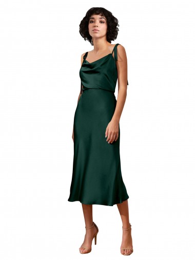Wholesale Spaghetti Straps Tie Shoulders Cowl Neck Short Midi Length Formal Stretch Satin Cocktail Bridesmaid Dress / Prom Dress