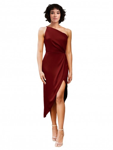 Wholesale One Shoulder Cocktail Midi Length Short Formal Stretch Satin Wrap Style Bridesmaid Dress / Prom Dress