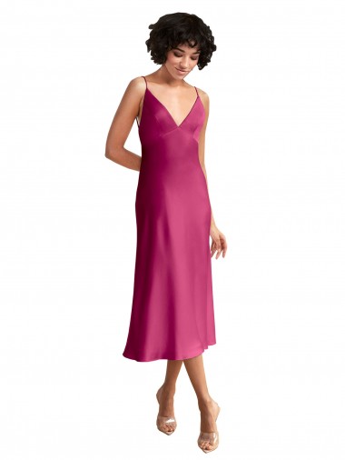 Wholesale Midi Length V-Neck Short Formal Stretch Satin Bridesmaid Dress / Cocktail Prom Dress with Low Scoop Back