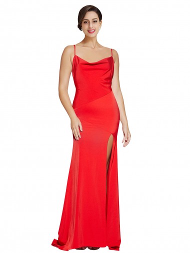 Wholesale Low Back Cowl Neck Formal Stretch Satin Bridesmaid Dress / Prom Dress with High Side Slit