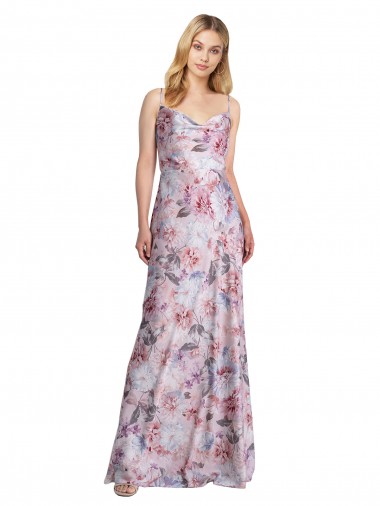 Wholesale Draped Cowl Neck Long Printed Formal Stretch Satin Bridesmaid Dress