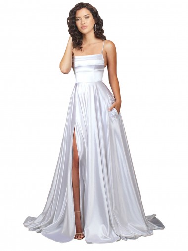 Wholesale Simple A-Line Corset Style Pleated Long Stretch Satin Beach Wedding Dress with High Slit