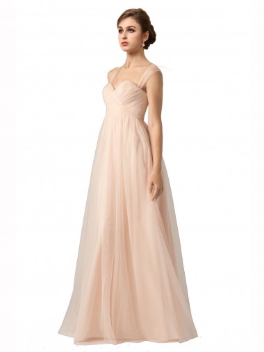 Wholesale Illusion Sleeves Tulle Bridesmaid Dress with Shirred Bodice and Sweetheart Neckline