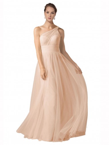 Wholesale Illusion One Shoulder Tulle Bridesmaid Dress with Shirred Bodice