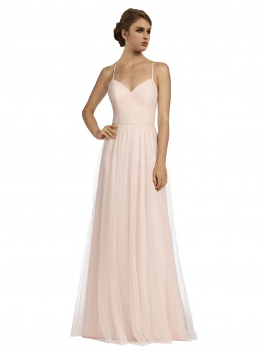 Wholesale Long Draped Back A-Line Tulle Bridesmaid Dress with Pleated Bodice