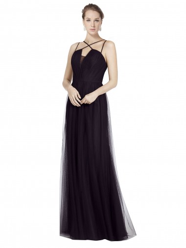 Wholesale High Neck Long A-Line Tulle Bridesmaid Dress