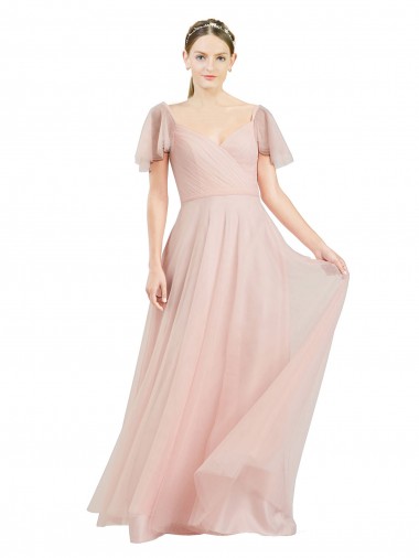 Wholesale Long V-Neck Flutter Sleeves Tulle Bridesmaid Dress