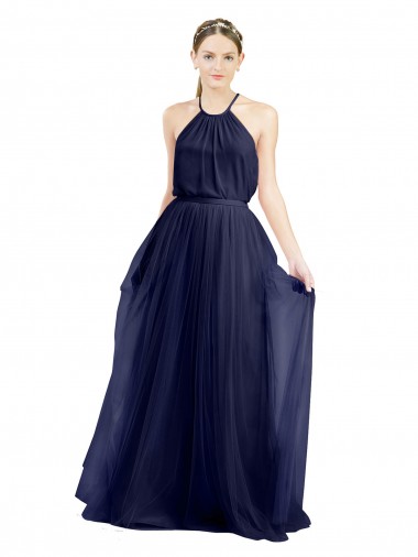 Wholesale Long A-Line High Neck Halter Tulle Bridesmaid Dress