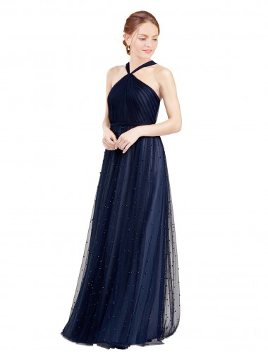 Wholesale Floor Length Long Halter Pleated Tulle Bridesmaid Dress