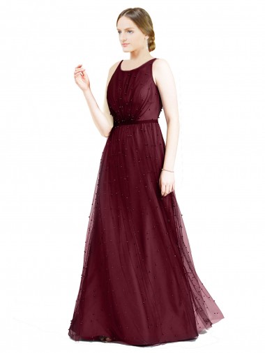 Wholesale Sleeveless Boat Neck Long Pearl Tulle Bridesmaid Dress with Keyhole Back