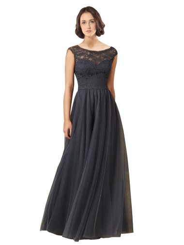 Wholesale Long Bateau Tulle Bridesmaid Dress with Lace Bodice