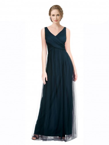 Wholesale Full Length Long Tulle Bridesmaid Dress with V-Neck Criss-Cross Ruched Top