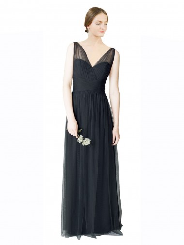 Wholesale Long Tulle Bridesmaid Dress with Illusion Shoulder Straps and V-Back