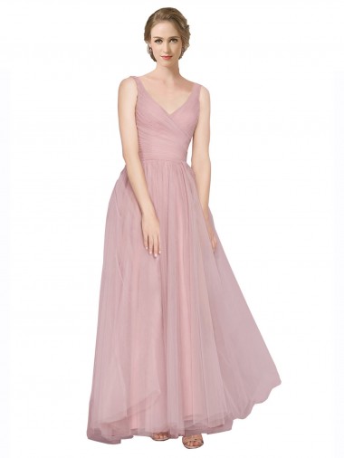 Wholesale Long Floor Length Wide Strap Plunge Cross Over Neckline Tulle Bridesmaid Dress