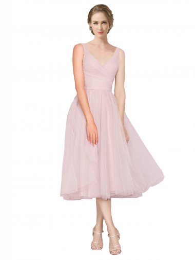Wholesale Short Tea Length Wide Strap Plunge Cross Over Neckline Tulle Cocktail Bridesmaid Dress
