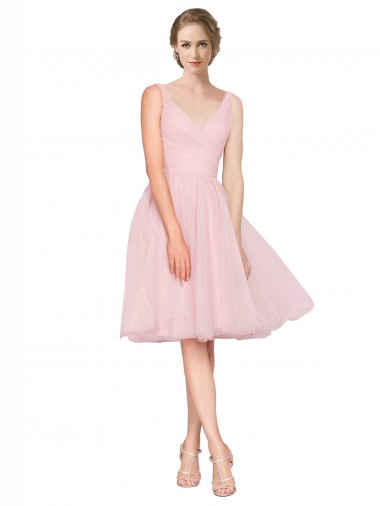 Wholesale Short Knee Length Wide Strap Plunge Cross Over Neckline Tulle Cocktail Bridesmaid Dress